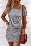 Casual Solid Buttons Oblique Collar A Line Short Sleeve Dress