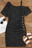 Casual Solid Buttons Oblique Collar A Line Short Sleeve Dress