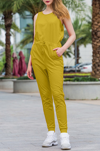 Casual Simplicity Solid Pocket O Neck Regular Jumpsuits