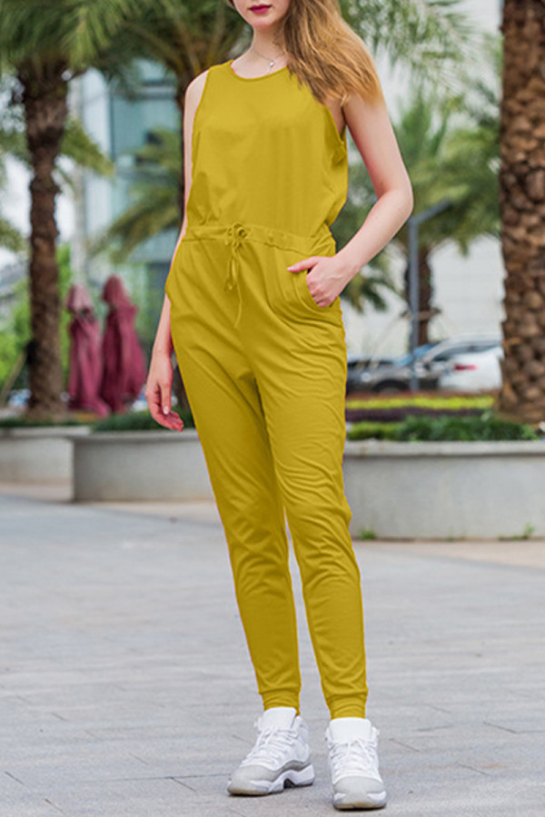 Casual Simplicity Solid Pocket O Neck Regular Jumpsuits