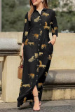 Casual Print Pocket Turndown Collar Shirt Dress Dresses
