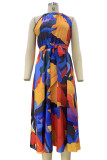 Bohemian Elegant Geometric Print Frenulum Halter Sleeveless Dress Dresses