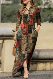Casual Print Pocket Turndown Collar Shirt Dress Dresses