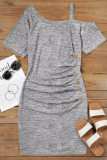 Casual Solid Buttons Oblique Collar A Line Short Sleeve Dress