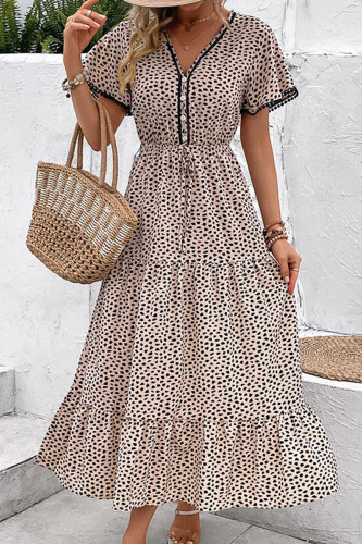 Elegant Print Patchwork V Neck A Line Short Sleeve Dress