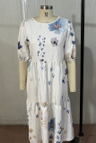 Casual Sweet Floral Fold O Neck Pleated Short Sleeve Dress