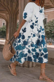 Casual Sweet Floral Fold O Neck Pleated Short Sleeve Dress