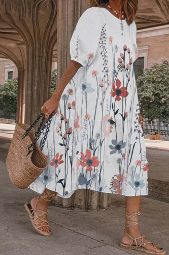 Casual Sweet Floral Fold O Neck Pleated Short Sleeve Dress