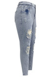 Street Solid Ripped Hollowed Out Regular Denim Jeans