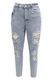 Street Solid Ripped Hollowed Out Regular Denim Jeans