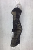 Sexy Solid Patchwork Off the Shoulder Long Sleeve Dresses