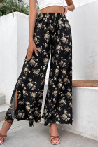 Elegant Floral Slit Loose Mid Waist Wide Leg Full Print Bottoms