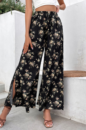 Elegant Floral Slit Loose Mid Waist Wide Leg Full Print Bottoms