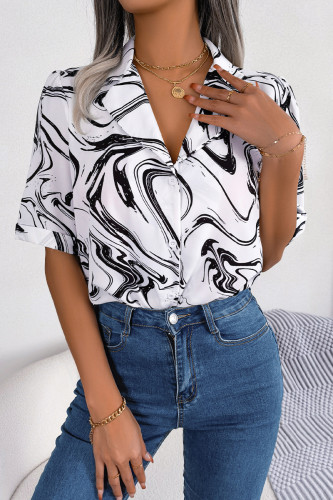 Casual Geometric Printing Turndown Collar Tops