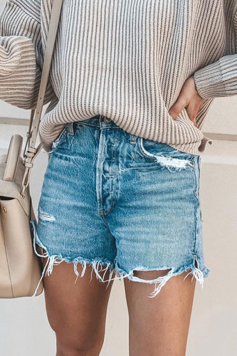 Casual Street Solid Ripped Denim Shorts
