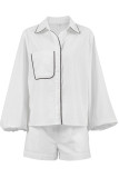 Daily Simplicity Solid Pocket Contrast Turndown Collar Long Sleeve Two Pieces