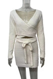Casual Street Solid Strap Design V Neck Long Sleeve Two Pieces