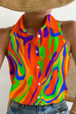 Casual Print Contrast Turndown Collar Tops