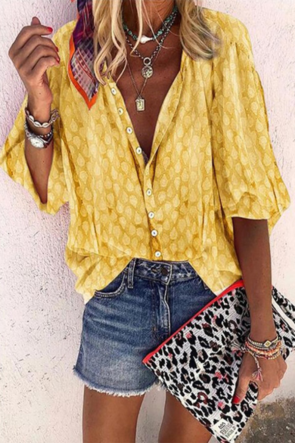 Casual Print Buttons Turndown Collar Tops