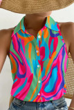 Casual Print Contrast Turndown Collar Tops