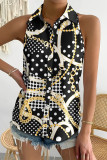 Casual Print Contrast Turndown Collar Tops