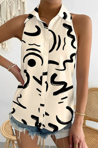 Casual Print Contrast Turndown Collar Tops