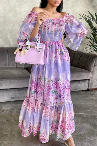 Sweet Elegant Floral Contrast Off the Shoulder Printed Dress Dresses