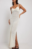 Sexy Vacation Solid See-through V Neck One Step Skirt Dresses