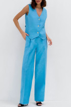 Work Solid Buttons Sleeveless Two Pieces