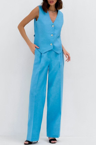 Work Solid Buttons Sleeveless Two Pieces