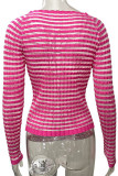 Sexy Striped Frenulum O Neck Tops