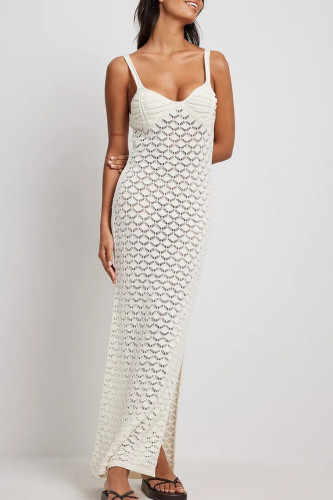 Sexy Vacation Solid See-through V Neck One Step Skirt Dresses