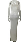 Sexy Vacation Solid See-through V Neck One Step Skirt Dresses