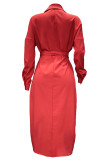 Elegant Solid Fold Turndown Collar Shirt Dress Dresses