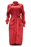 Elegant Solid Fold Turndown Collar Shirt Dress Dresses