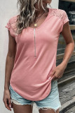 Casual Solid Lace O Neck T-Shirts