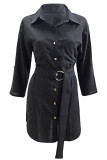 Casual Solid With Belt Turndown Collar Shirt Dress Dresses