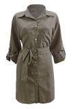 Casual Solid With Belt Turndown Collar Shirt Dress Dresses