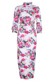 Elegant Floral Patchwork Mandarin Collar Pencil Skirt Dresses
