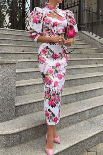 Elegant Floral Patchwork Mandarin Collar Pencil Skirt Dresses