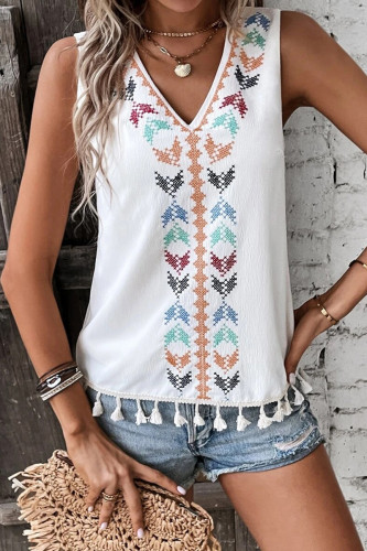 Vacation Color Block Embroidered V Neck Tops