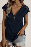 Casual Solid Lace O Neck T-Shirts