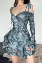 Sexy Print Bandage V Neck Irregular Dress Dresses