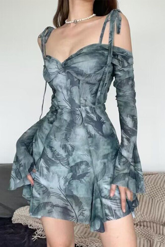 Sexy Print Bandage V Neck Irregular Dress Dresses