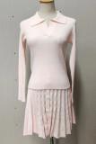 Sweet Solid Buttons V Neck Long Sleeve Two Pieces