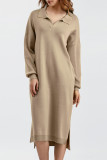 Casual Simplicity Solid Slit Turndown Collar A Line Dresses