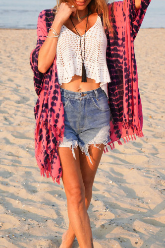 Casual Print Tassel Cardigan Collar Tops