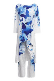 Casual Print Asymmetrical O Neck Three Quarter Two Pieces