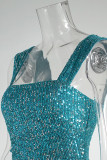 Sexy Solid Sequins Fold Square Collar One Step Skirt Dresses