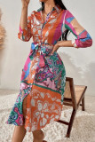 Elegant College Print Bandage Turndown Collar Shirt Dress Dresses